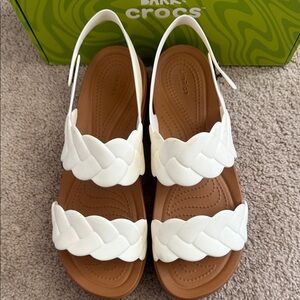 CROCS Women's White Braided Slingback Sandals with Brown Footbed